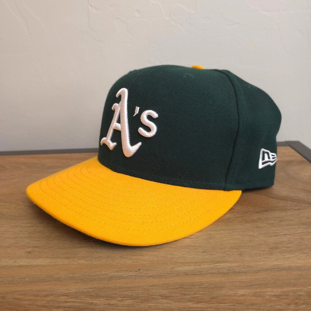 New Era Oakland Athletics A’s 59FIFTY Fitted Hat Green Yellow 7 1/4 MLB Cap - Picture 2 of 6